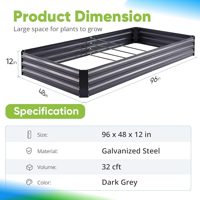 Quictent Galvanized Raised Garden Bed 8x4x1 Ft Metal Planter Box for Vegetables Bottomless for Backyard, 2 Tomato Cages Included, Dark Grey