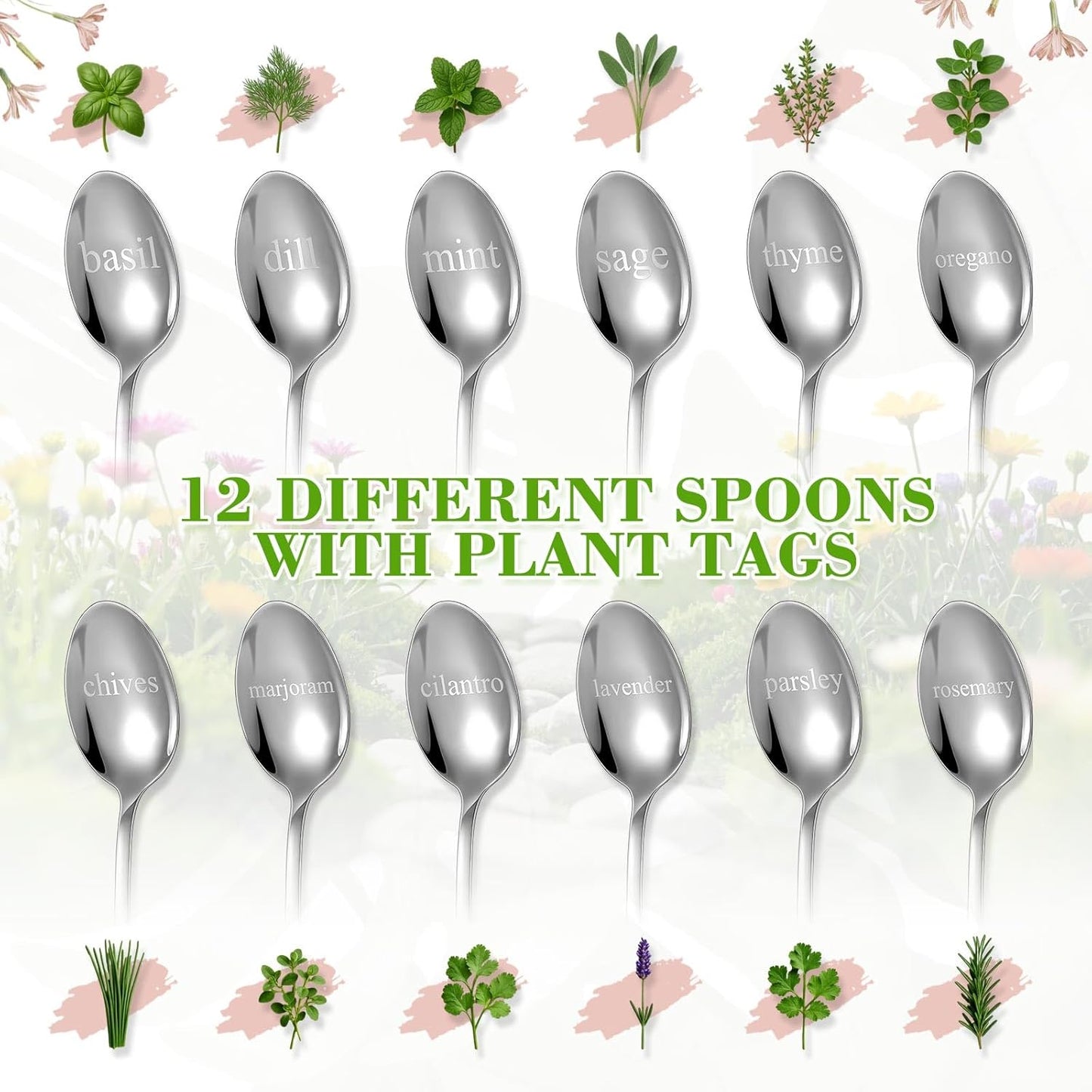 Bucherry 12 Pcs Metal Plant Label Signs, Spoon Shape Planted Herb Markers Garden Labels with Herb Names for Nursery Indoor Outdoor Garden Decoration, Stainless Steel, 12 Styles, 6.8" x 1.4"