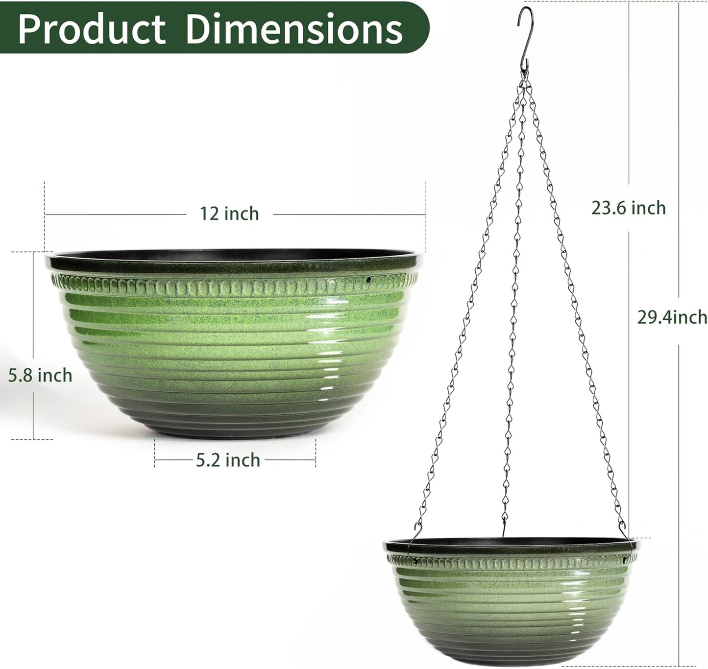 12 inch Hanging Planters for Indoor Outdoor Plants, 2 Pack Large Hanging Flower Pots with Drainage Holes and Chain, Glazed Hanging Baskets for Home Garden Decoration, Green