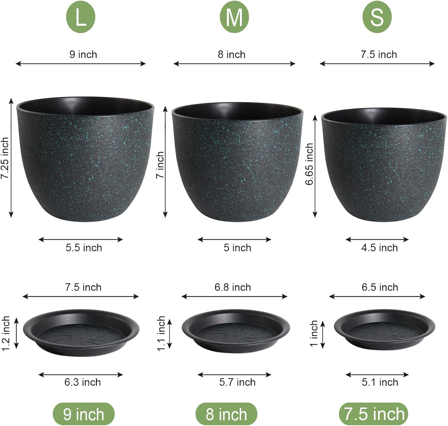 Modern Plant Pots Set, 9/8/7.5 inch Plastic Planters for Indoor Plants, Stylish Flower Pots with Drainage Holes and Saucers for House Plants and Flowers, Black with Green Speckles