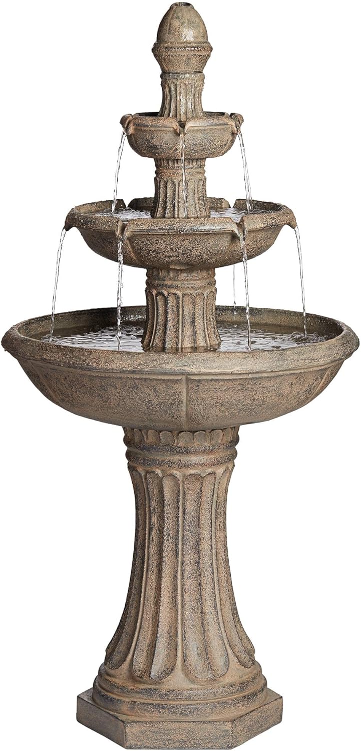 Farron 46" High Large Italian Outdoor Decor Gray Faux Stone Floor Fountain with Light LED Waterfall 3-Tier Standing Basin Water Feature for Outside Garden Patio Yard Backyard Porch - John Timberland