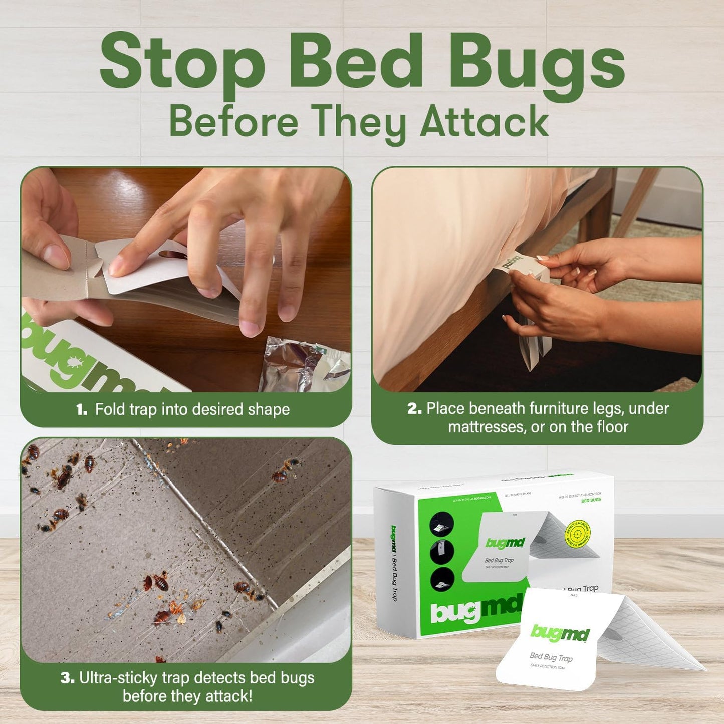 BugMD Bed Bug Trap (2 Pack, 24 Traps) - Interceptors, Bed Bug Prevention, Sticky Glue Traps, Insect Trap Indoor