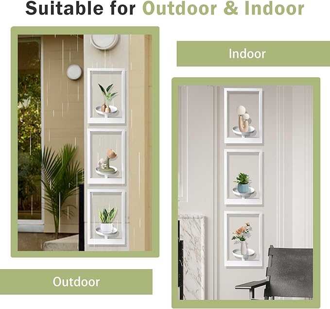 Picture Frame Plant Holder, Wall Mount Plants shelf Indoor Outdoor, Metal Hanging Planters Stand Decor, Window Planter Hanger Shelves, Modern Floating Ornament Rack Art for Home & Garden(White 3pc)