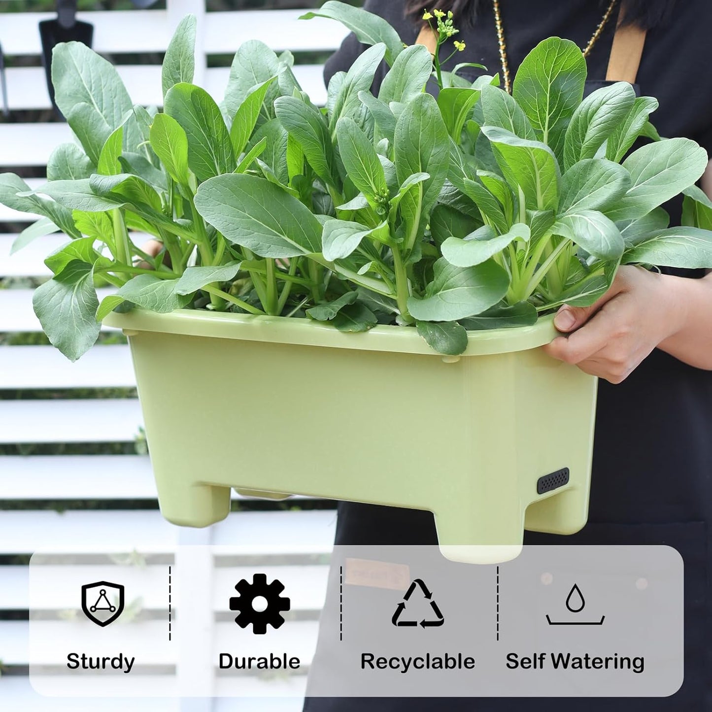 Self-Watering Rectangle Planter Boxes 8-Pack, 15.7-Inch Window Box Planter with Drainage Holes & Trays, Pots for Vegetables, Herbs, Flowers, Garden Windowsill Balcony (Light Green, 15.7*8.3*7.1 inch)