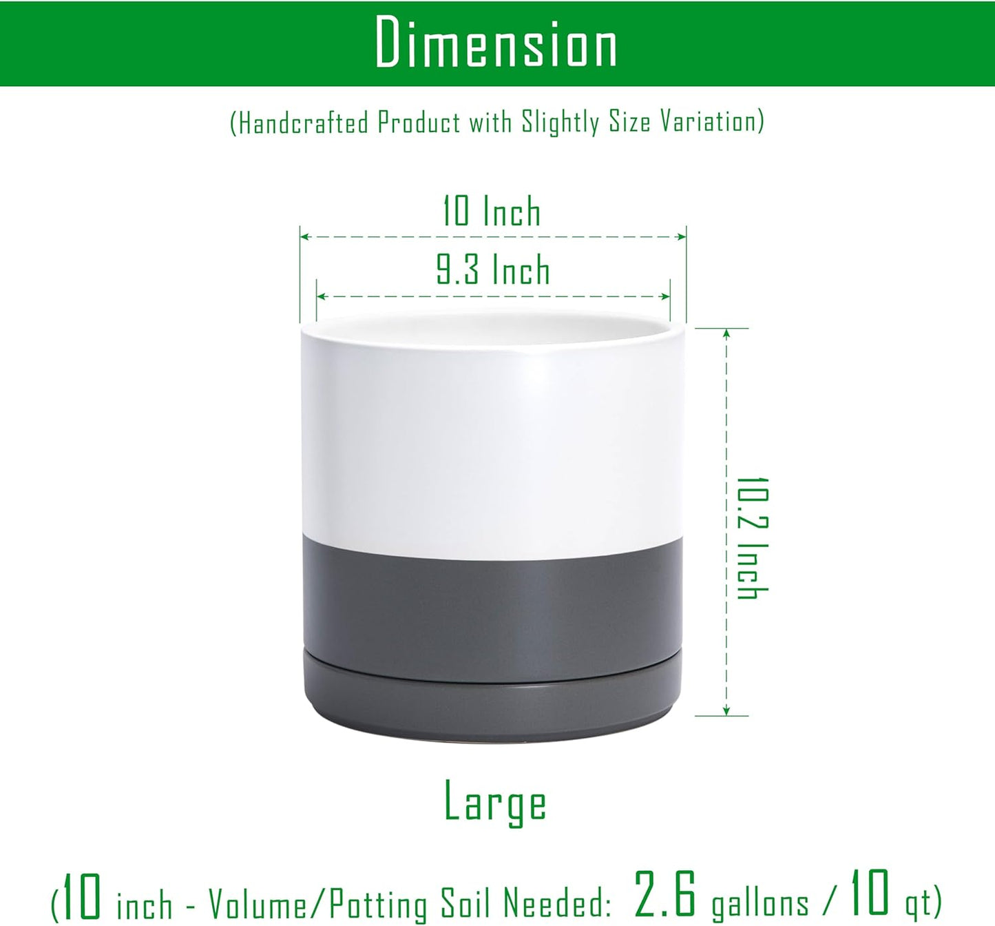 D'vine Dev Set of 2 Plants Pots, 10 Inch Ceramic Planter Pot for Plants with Drainage Hole and Saucer, White/Speckled Grey, 94-V-E-6