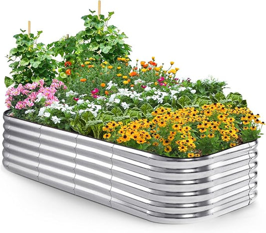 Quictent Raised Garden Bed Kit Oval Galvanized Metal Planter Box Tall for Vegetables Outdoor Backyard, Rubber Strip Edging Included, Silver 6x3x1.5 ft