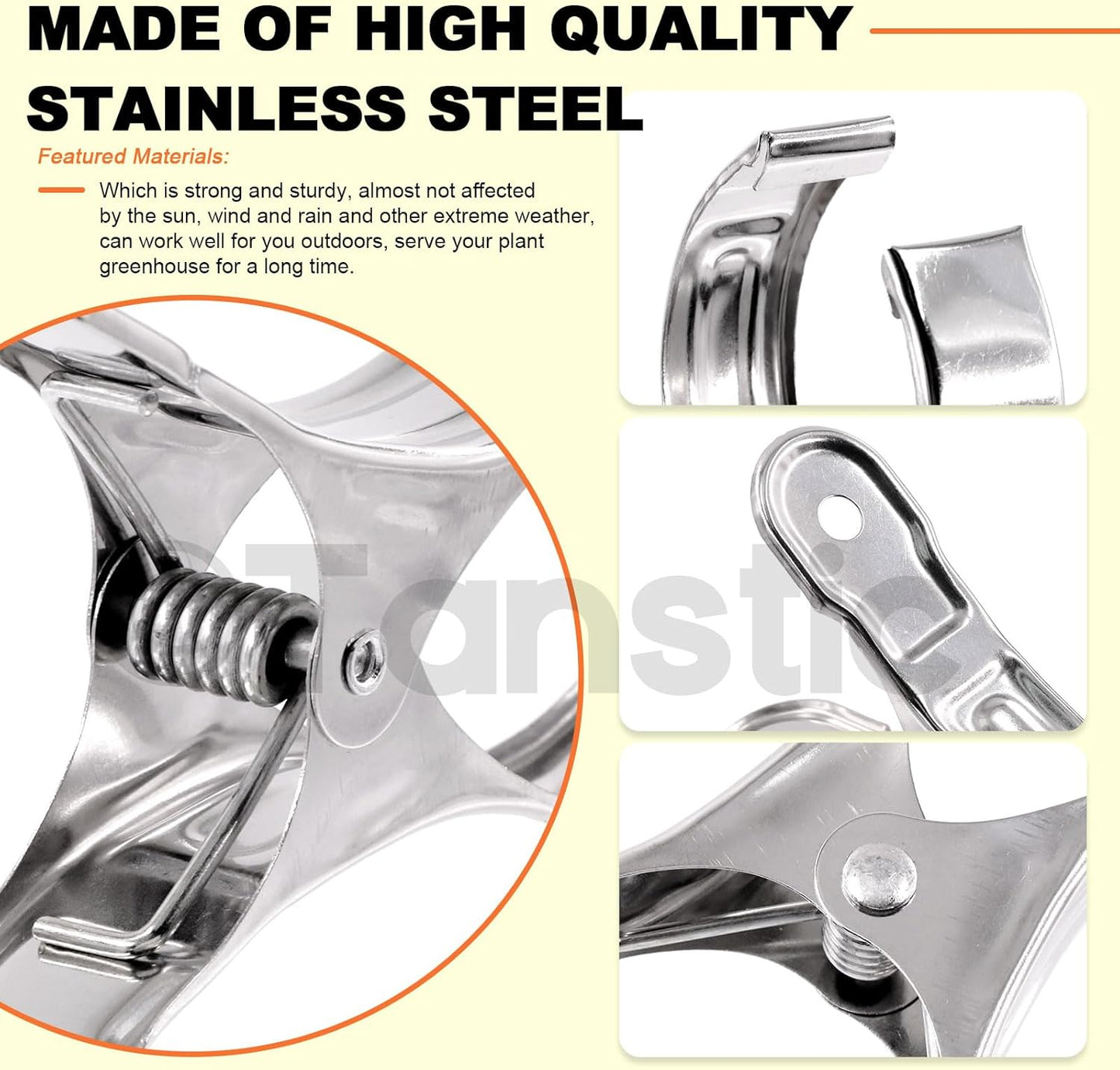 Tanstic 10pcs 6.3 Inch Stainless Steel Greenhouse Clamps Heavy Duty Garden Clips with Strong Grip and Large Open Mouth for Netting Holding