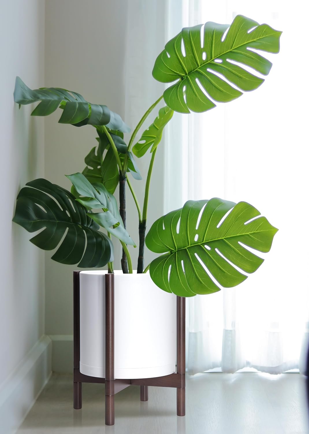 D'vine Dev Planter Pot with Stand - 14 Inch Plastic Cylinder Flower Pot with Wood Planter Holder for Indoor, Matte White Pot + Walnut Color Stand, 55-C-R-1