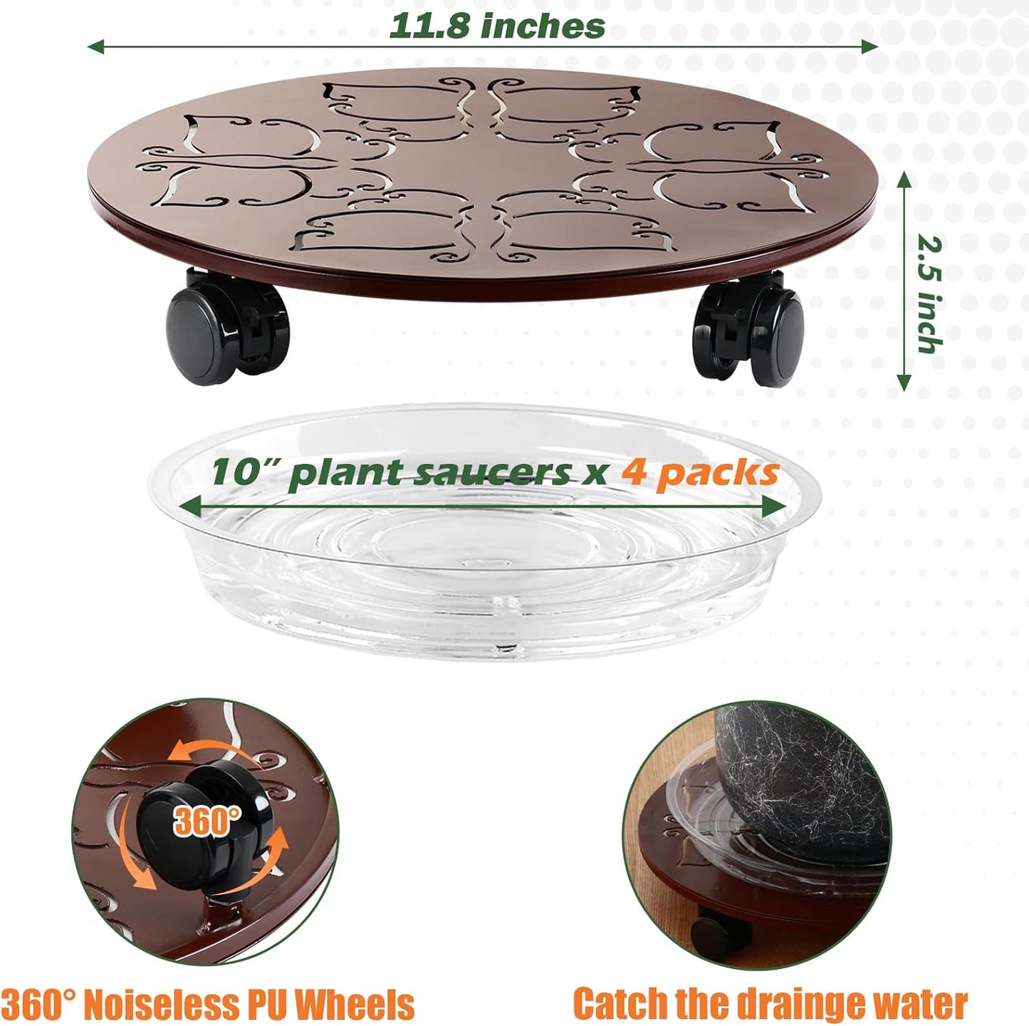 4 Packs 12 inches Large Metal Plant Caddy with Wheels Round Planter Dolly Pot Mover Rollers Wrought Iron Rolling Plant Stands Indoor Outdoor Wheeled Plant Holder Coaster Trolley, Butterfly, Brown