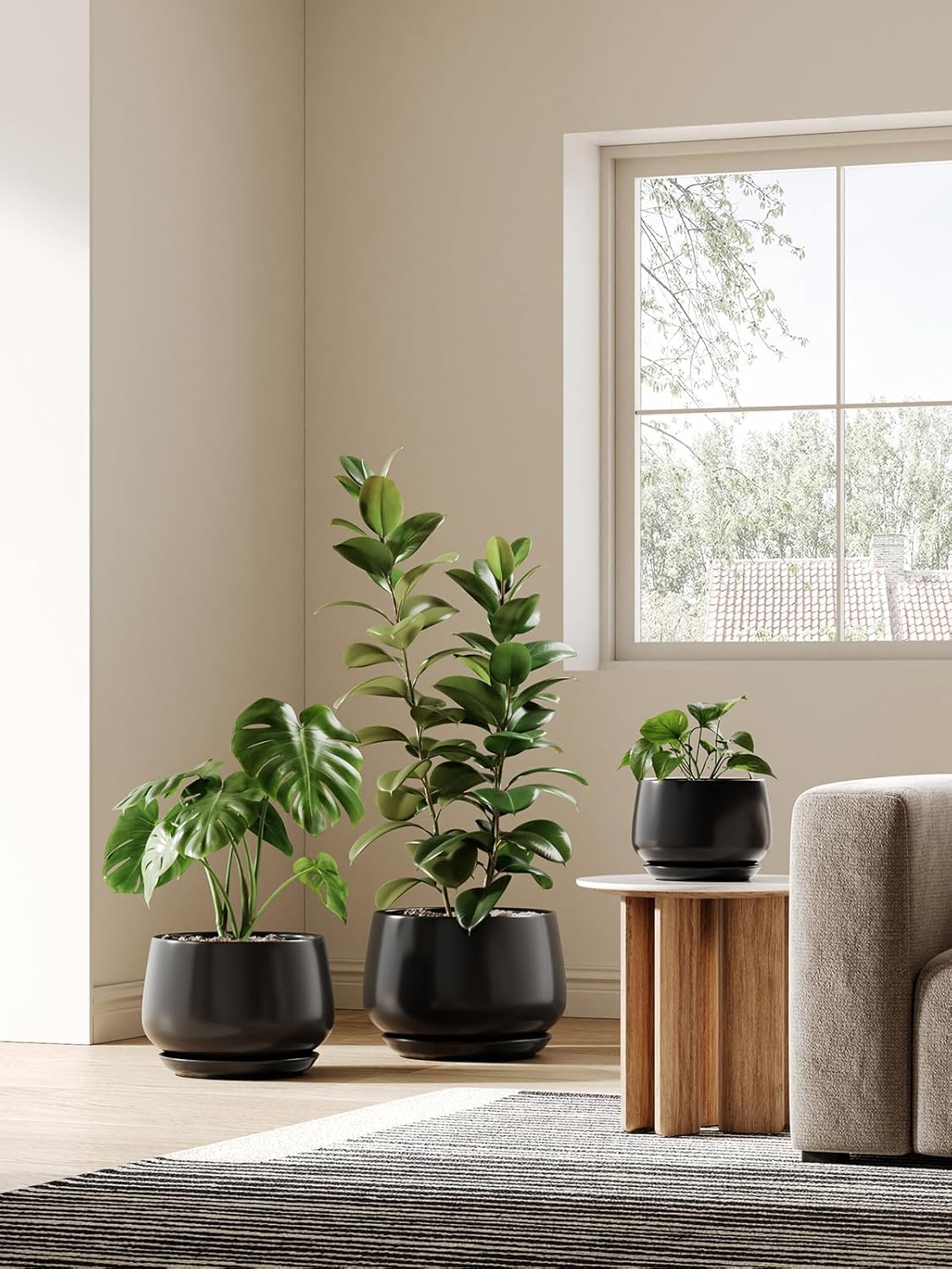 LE TAUCI Ceramic Planter, 10 Inch Plant Pot with Drainage Hole & Saucer – Durable Indoor Planter for Modern Home Decor, Black