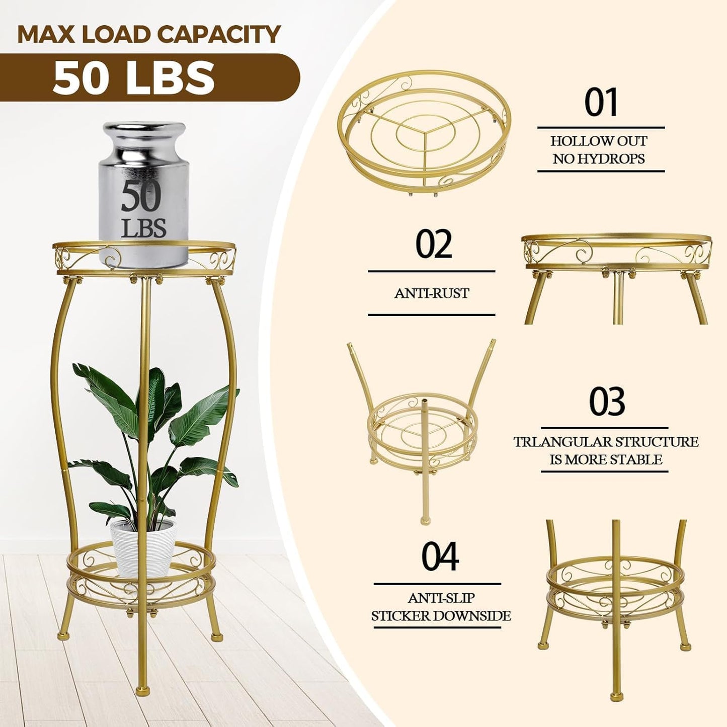Plant Stand Indoor Outdoor，Tall Gold Metal Rustproof Stable Plant Stands，2 Tier 27.1 inch Multiple Plant Rack Holder Rack Flower Pot Stand Heavy Duty Plant Shelf (Gold)