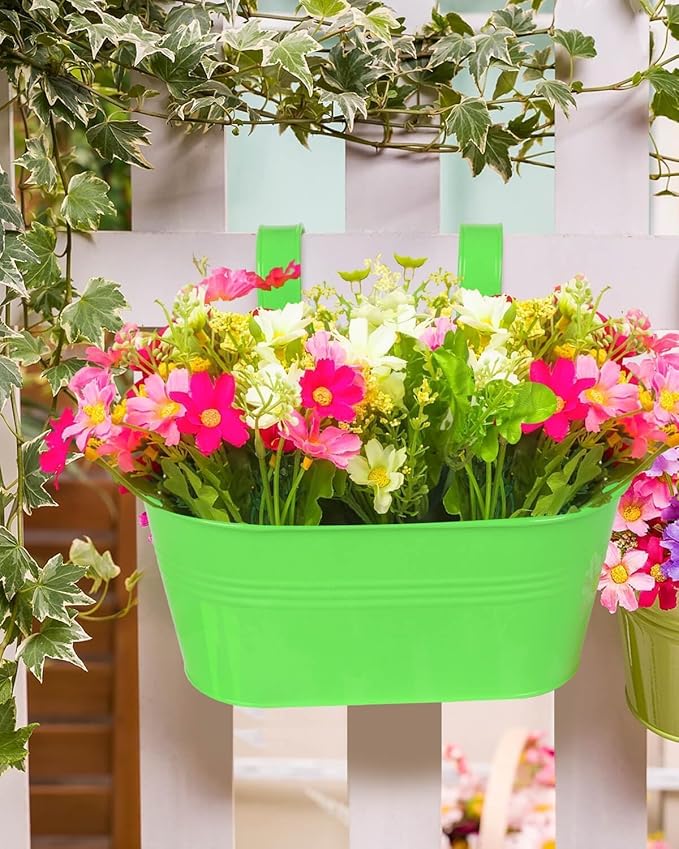 Metal Railing Planter for Outdoor Plants - 3 Pack Balcony Hanging Flower Pots with Detachable Hooks and Drain Holes Oval Bucket Rail Box Fence Planters for Home Garden Decor, Green Yellow Blue