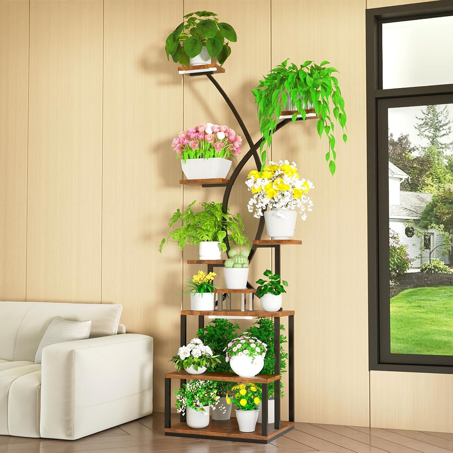 BTDVR X-Shaped Metal Plant Stand Indoor with Grow Lights, 9 Tiered Large Plant Shelf Display Rack Holder for Indoor Plants, Multi-Purpose 65" Tall Plant Stands for Home