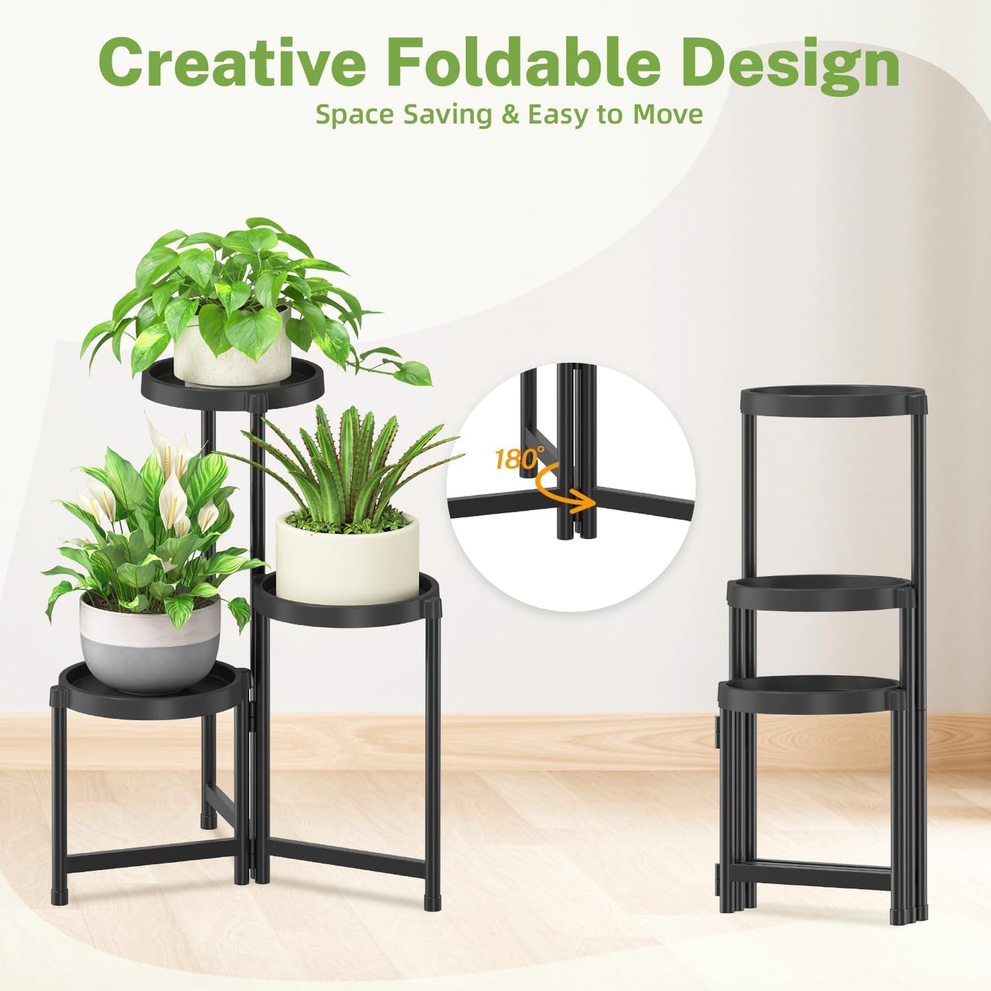 iDavosic.ly 3 Tier Folding Plant Stand Indoor Outdoor with Plastic Tray, Tiered Corner Flower Holder Shelf, Metal Orchid Display Rack for Patio Porch Living Room Garden Balcony, Modern Black
