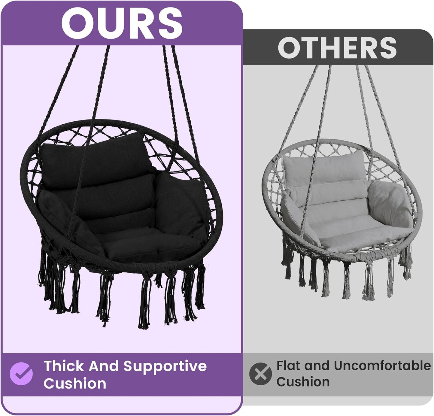 Macrame Hammock Hanging Swinging Chair with Medium Cushion, Perfect for Bedroom, Porch, Adults, Balcony, Black