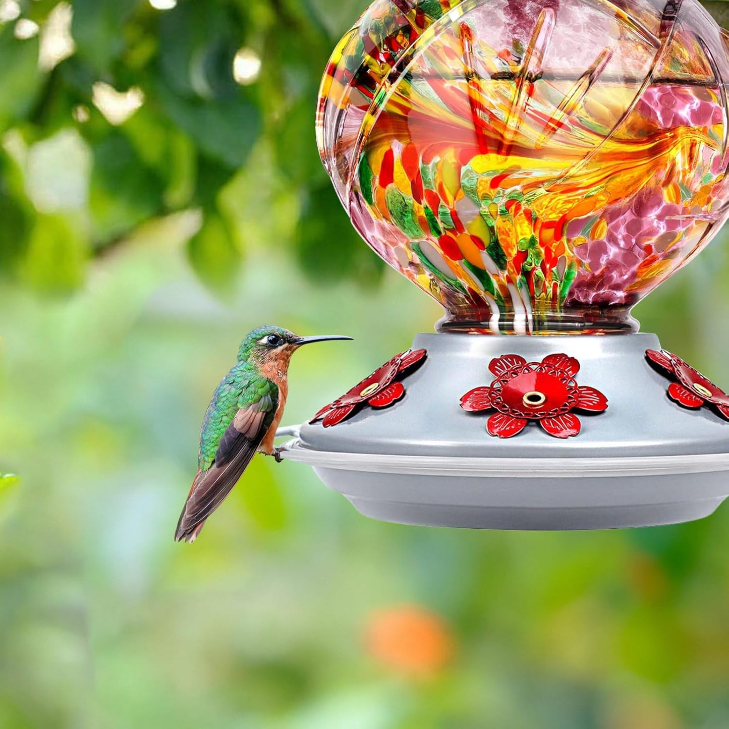 BOLITE Hummingbird Feeder, Hand Blown Glass Hummingbird Feeders for Outdoors Hanging, with Ant Moat and 5 Feeding Ports, 22 Ounces, Peony Flower Shape, Purple, Gifts for Women Men, Gifts for Mom Dad