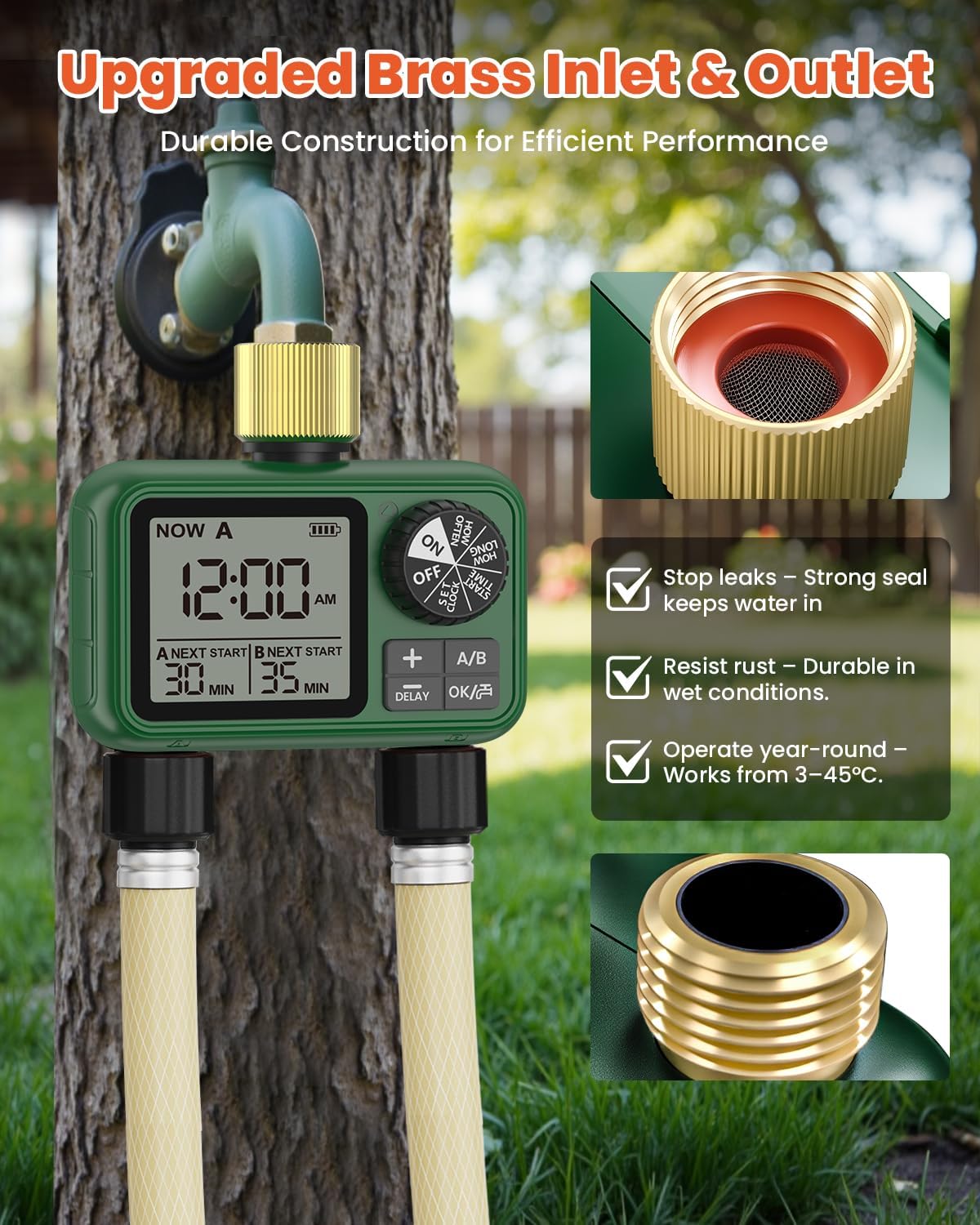 2 Outlet Sprinkler Timer Brass, XinFuture Programmable Water Sprinkler Controller for Yard, Lawn & Greenhouse, Automatic/Manual/Rain Delay Mode, Compatible with Drip Irrigation Systems