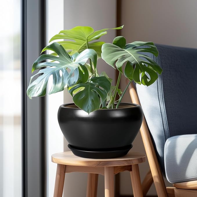Ceramic Pot for Plants - 11 Inch Plant Pot Indoor with Drainage Hole and Saucer Large Planter Decorative Planter Modern Outdoor Flower Pot for House Balcony Black