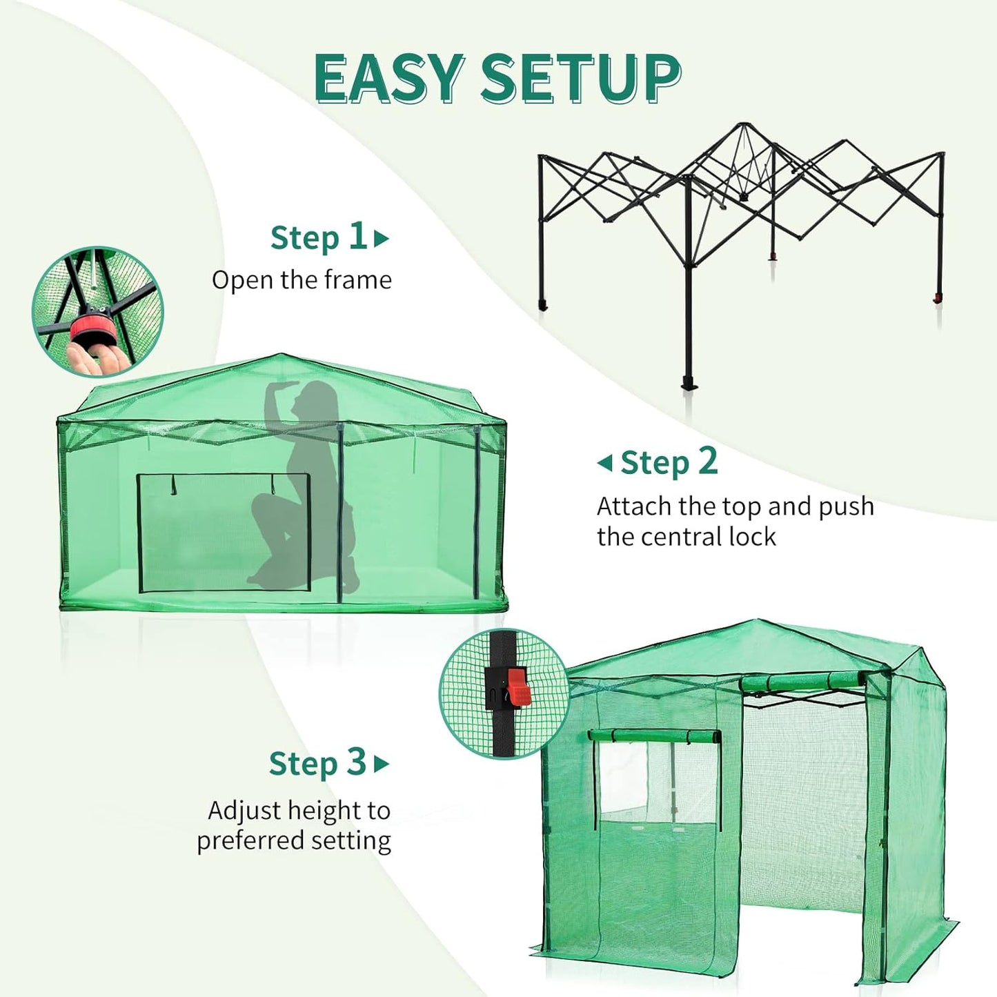 EAGLE PEAK Instant Pop-up Greenhouse, Indoor Outdoor Plant Gardening Green House, Roll-Up Zipper Doors and Side Windows, Walk in 8x6 ft, Green/Clear