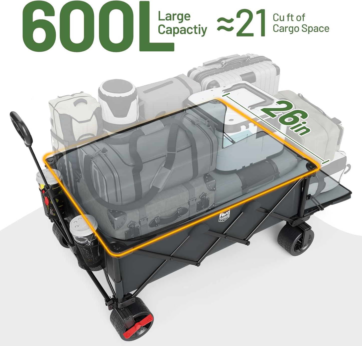 TIMBER RIDGE 600L Beast Wagon 26" W Extra Wide All Terrain Folding w/Big Wheels, Cargo Net & Tailgate, 26" W and 55" L, Capacity and 400lbs Heavy Duty Collapsible Portable Cart, Grey