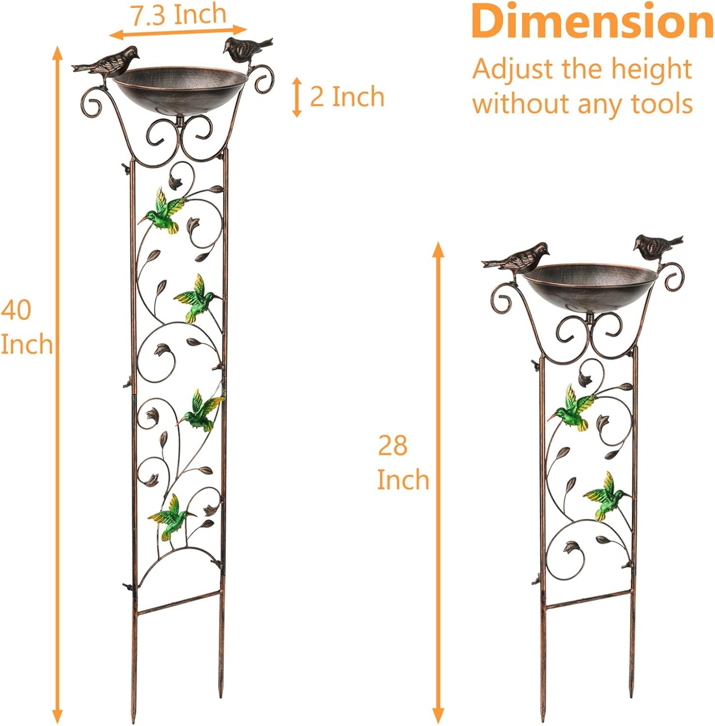 SUNNYPARK Antique Garden Iron Trellis with Decorative Hummingbirds Detachable Bird Bath Bowl Metal Potted Plant Support for Climbing Flowers