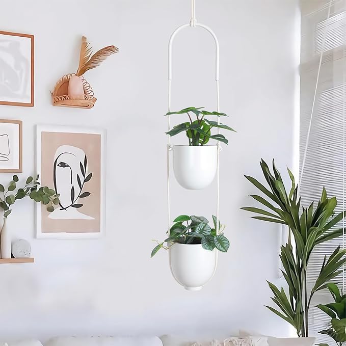 Hanging Planters 2 Tiers Metal Plant Hangers for Indoor Outdoor Plants Wall Ceiling Hanging Flower Pot Basket Holders Kitchen Room Decor(White)
