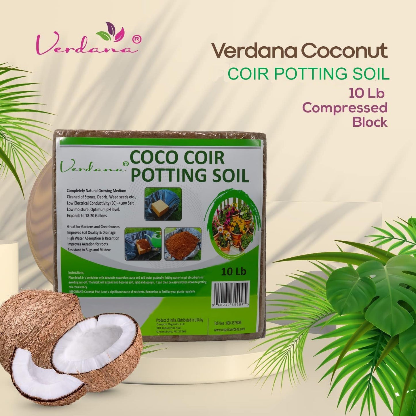 Verdana Coco Coir Potting Soil Brick – 10 Lb - Peat Moss Alternative for Potting Mix, Raised Bed Soil, Organic Gardening & Seed Starting - Compressed Coconut Fiber Block Expands to 18 Gallons