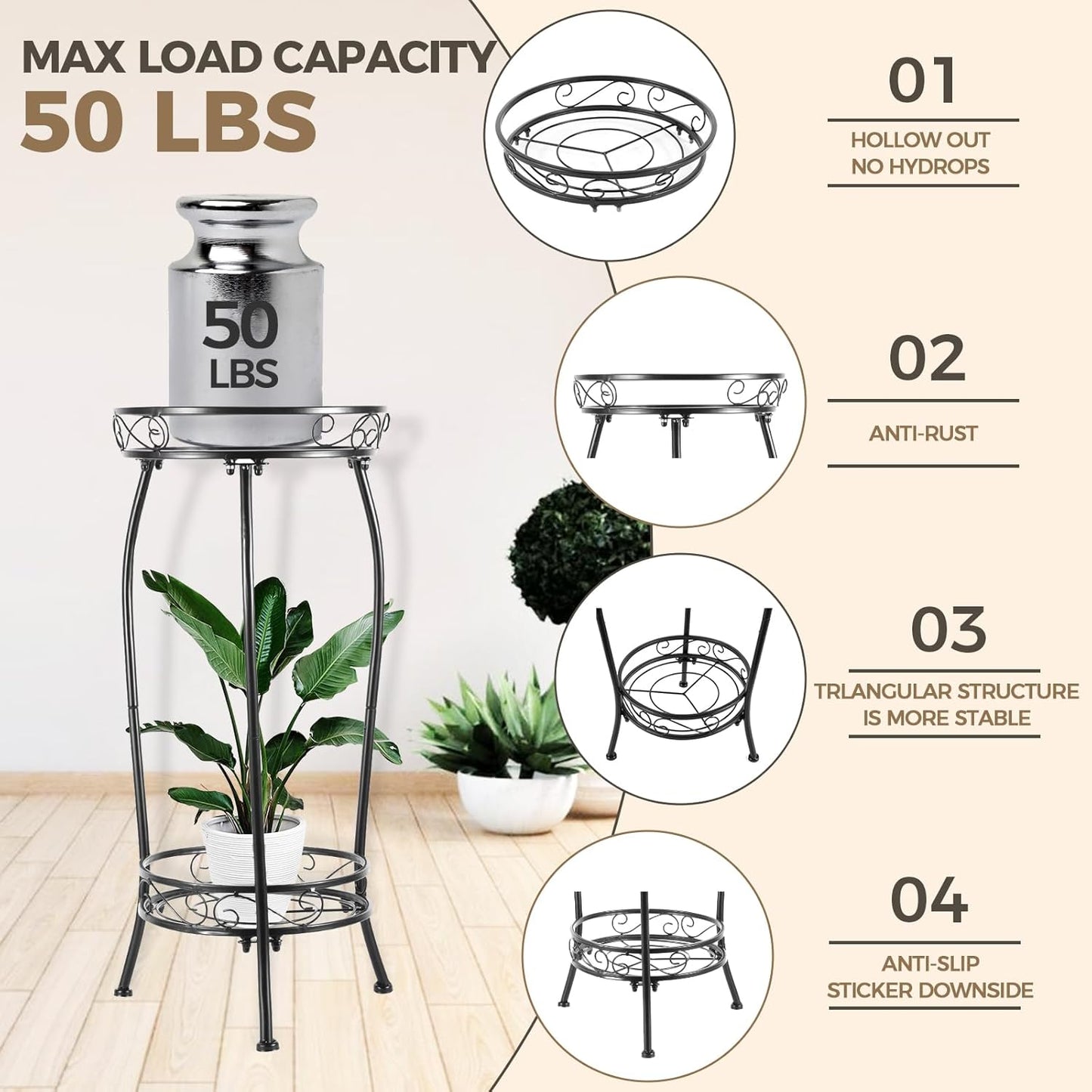 Plant Stand Indoor Outdoor，Tall Black Metal Rustproof Stable Plant Stands，2 Tier 27.1 inch Multiple Plant Rack Holder Rack Flower Pot Stand Heavy Duty Plant Shelf