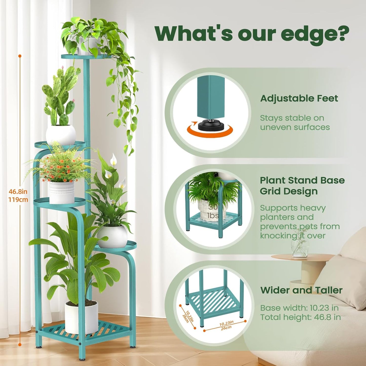 TOSKING 5 Tier Tall Plant Stand Indoor Outdoor, Heavy Duty Corner Shelf for Plants & Decor, Space Saving 3.9FT Metal Flower Pot Stand for Balcony, Garden, Living Room, Patio (Blue, 47in)