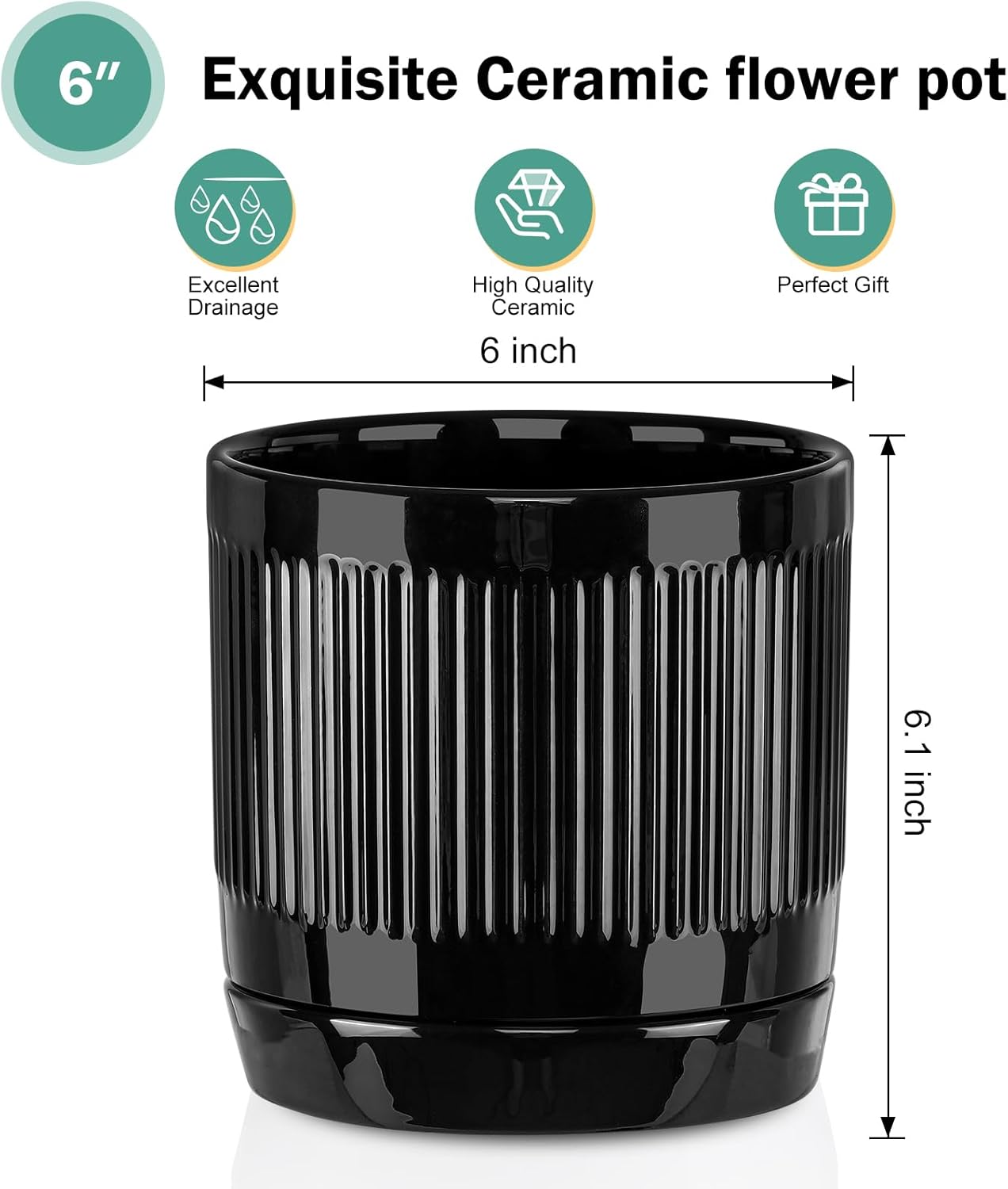 Vanavazon Ceramic Planter Pots for Indoor Plants with Drainage Hole and Saucer,6 Inch Cylinder Plant Pots,Glazed Finish Interior and Exterior,Set of 2 (Black)