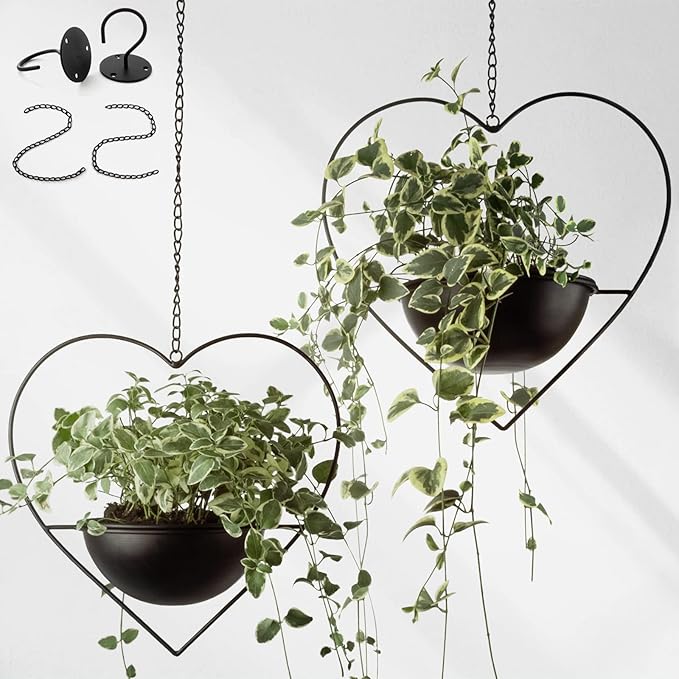 Hajia 2 Pack Heart Shaped Hanging Plant Holder with 7.5inch Detachable Pot, Black Metal Modern Hanging Planter for Indoor Outdoor, Minimalist Wall Ceiling Plant Hanger for Home Wedding Decor