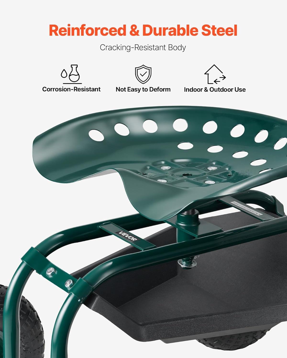 VEVOR Rolling Garden Cart with Swivel Seat, Heavy Duty Garden Seat with Storage Basket & Tool Tray, 300 lbs Weight Capacity, Outdoor Utility Gardening Stool Scooter for Lawn Yard Planting Weeding