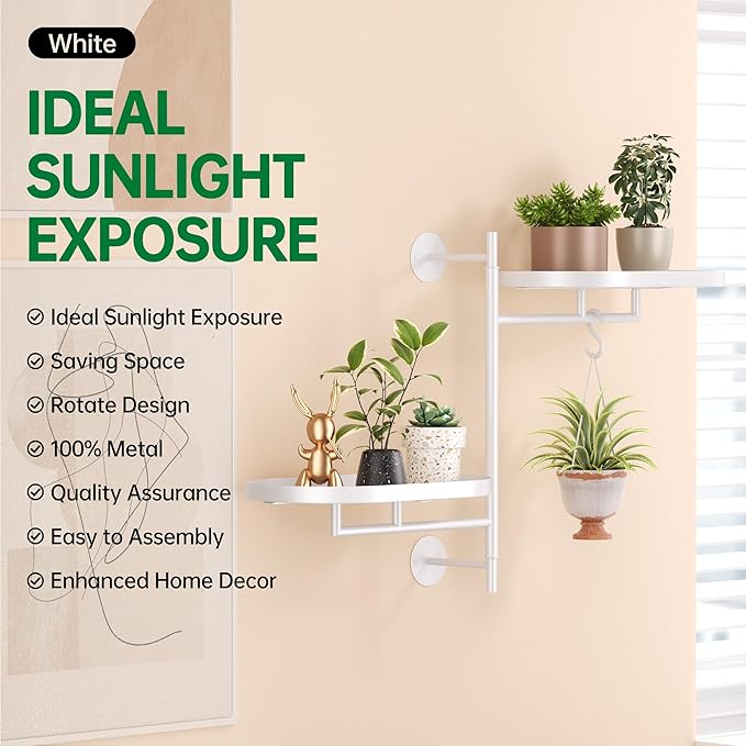 Rotating Window Plant Shelves for Multiple Plants Indoors,2-tier Metal Corner White Plant Stand Holder Floating Plant Shelf for Wall，Windows Sill Gifts for Plant Lovers to Enhance Home Decor