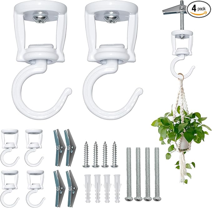 Ceiling Hooks for Hanging Plants (4 PCS White),Heavy Duty Metal Plant Hooks, Screw in Hooks for Hanging Birdfeeders, Lamps, Planters, Outdoor Decorative Hooks up to 33 lbs