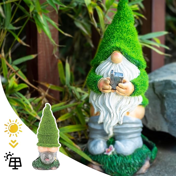 Garden Gnome Statues - Resin Gnome Figurine Sitting on Solar Crackle Glass Globe Lights, Funny Garden Gnome Ornament for Patio Yard Lawn Porch Outdoor Decor