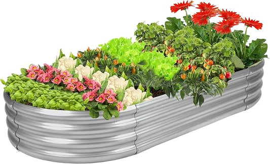 Raised Garden Bed Galvanized Planter Box Outdoor, 5ft Oval Large Rot-Resistant Metal Garden Bed Planter for Vegetables Flower Herb (Silver)