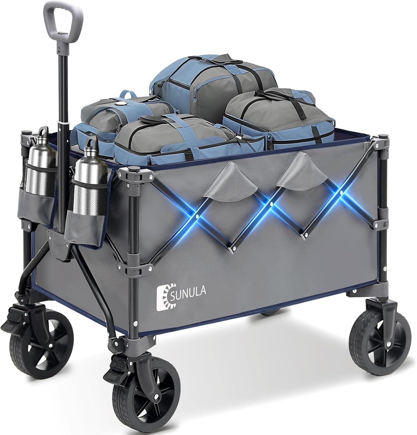 Collapsible Foldable Wagon Cart with 330lbs Weight Capacity, Heavy Duty Folding Wagon Cart with Big All-Terrain Wheels & Drink Holders. Gray