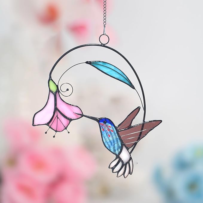 Lolitarcrafts Stained Glass Hummingbird Window Hangings with Flowers, Bird Stained Glass Suncatcher for Window Decor Hummingbird Gifts for Mom,Bird Lovers (Blue with Flower B)
