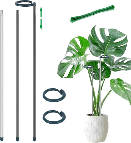 Extendable Monstera Plant Support Stakes, Made of Aluminum Alloy, Tomato Stakes Length Adjust from 17.3" to 32.2", Suitable for Indoor Outdoor Potted Amaryllis Vegetables Comes with 10 Ties-3Pack