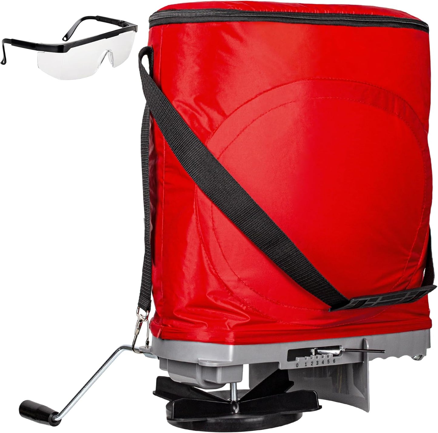 Walensee Handheld Seed Spreader with 25lb Bag, Frame Support, Flow Control, Enclosed Gears, Rear Baffle, Adjustable Strap & Goggles – Bag Seeder for Lawn and Garden, Red