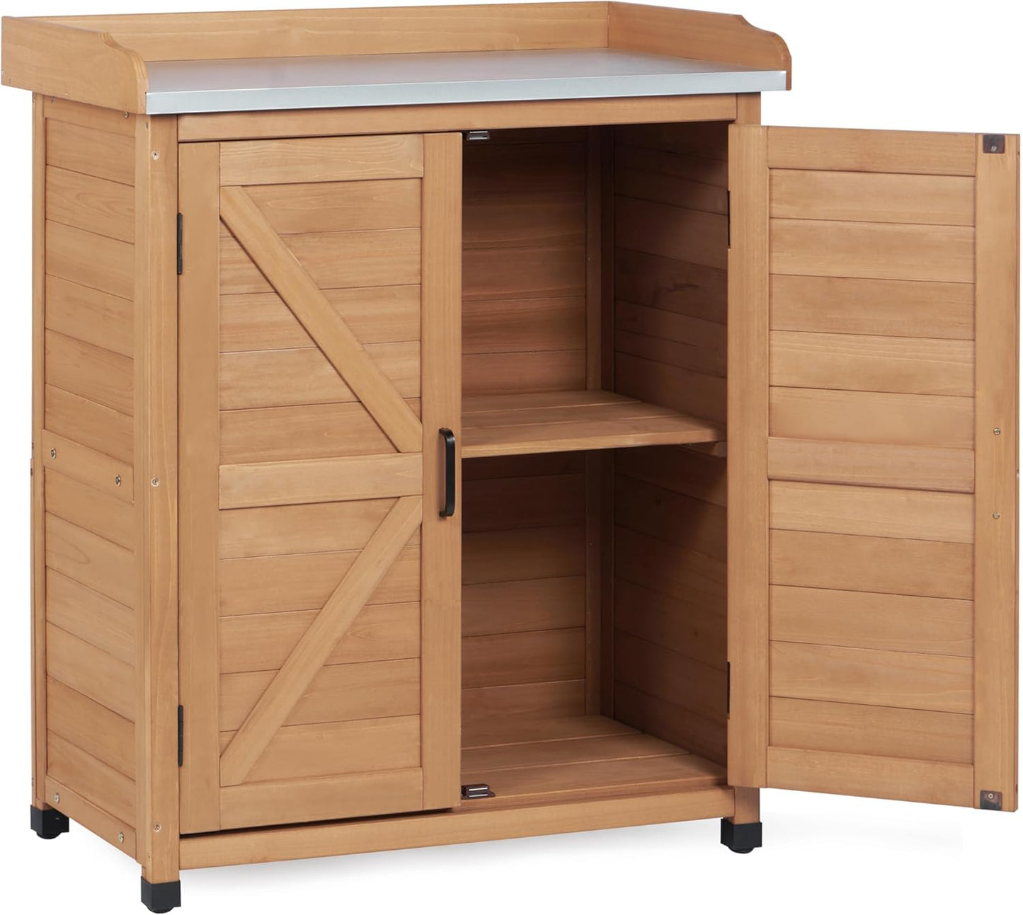 Potting Bench with Storage Cabinet and Metal Table Top for Outdoor Patio, Garden Furniture Wood Workstation (Light Brown, 31.5x17x39)