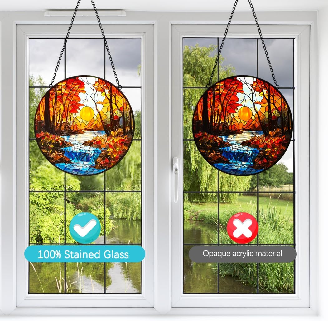 Fall Decor Sunset Suncatcher Stained Glass Window Hanging - Handmade Sun Catchers Indoor Window Decor with Tree and River - Stain Glass Christmas Decorations Panels - Birthday Gift for Women Men Mom
