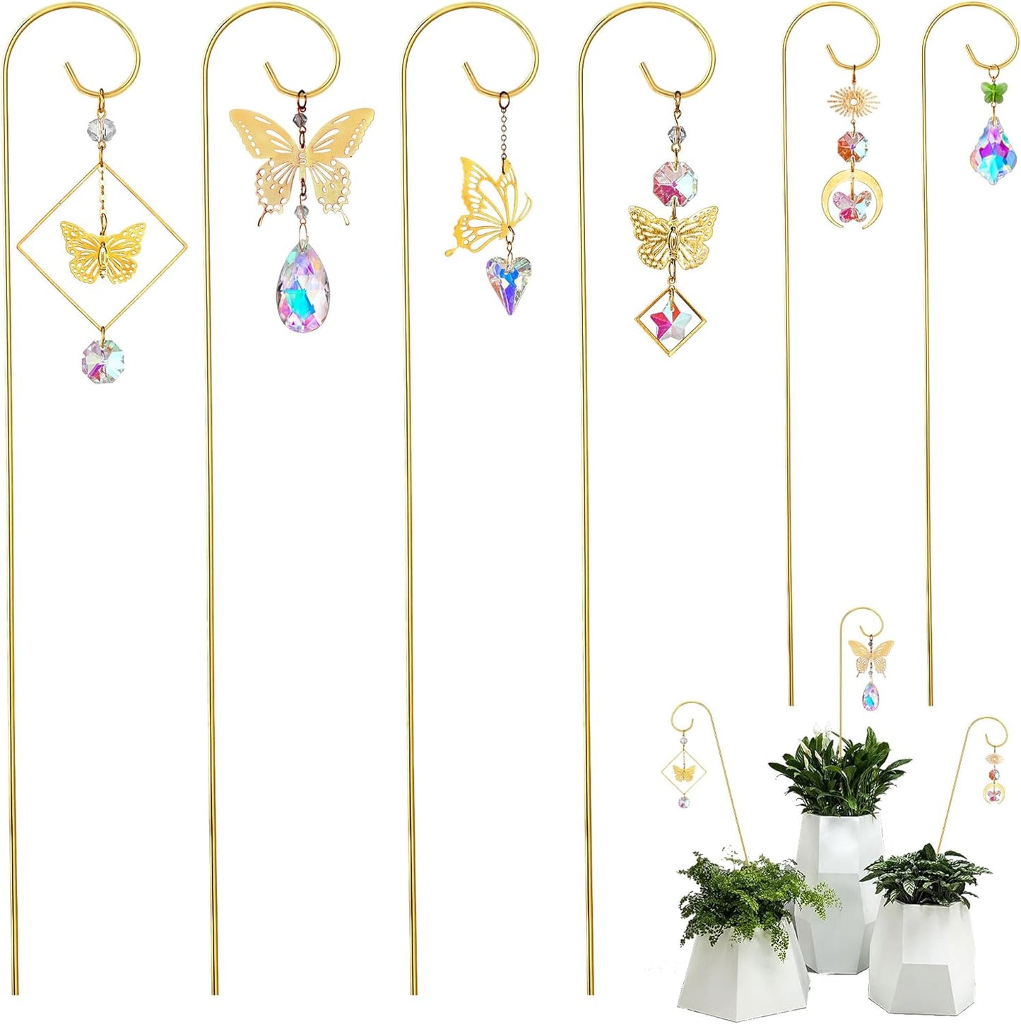 HDCRYSTALGIFTS 6pcs Crystal Butterfly Suncatchers with 13'' Gold Trellis for Mini Potted Plants Decorations, Garden Indoor Plant Accessories Fairy Garden Sun Catchers, Plant Lover Gift