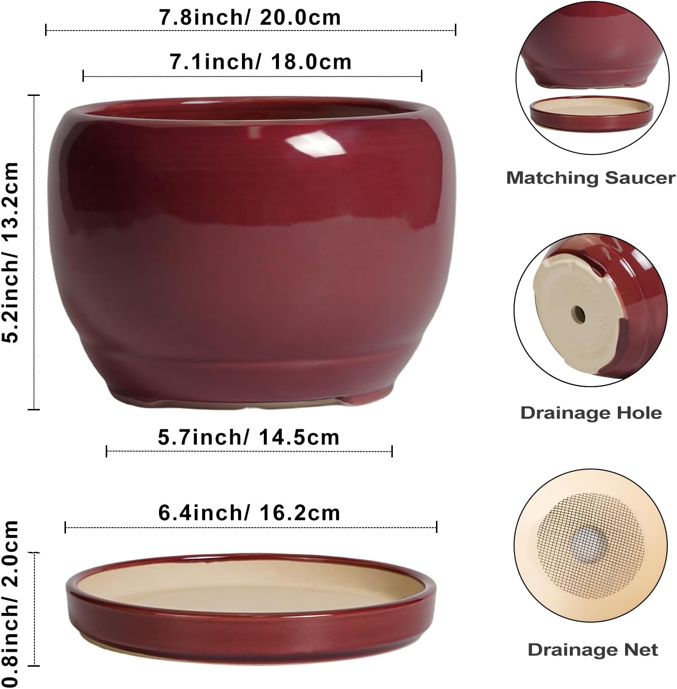 SQOWL Ceramic Planter - 8 Inch Plant Pot with Drainage Hole and Saucer, Round Planter for Indoor Outdoor Plants, Modern Decorative Flower Pots, Home Decor, Plant Lover Gifts, Red