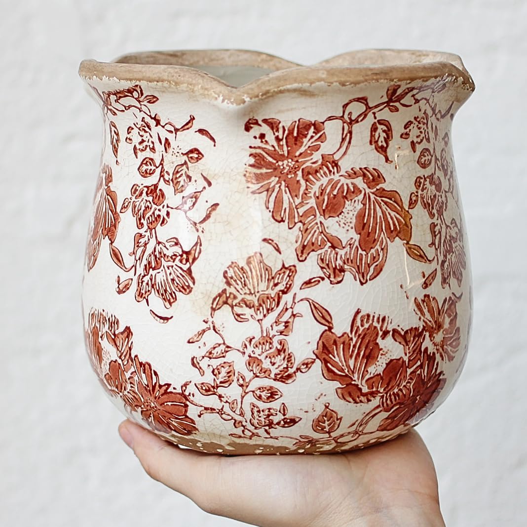Ceramic Pots for Plants, Vintage Plant Pot with Drainage Hole, 6.11in. Planter for Indoor Plants, Crackle Glaze Finish Flower Pot, Perfect Tuscan Ceramic Planter for Gardening, Red Flower