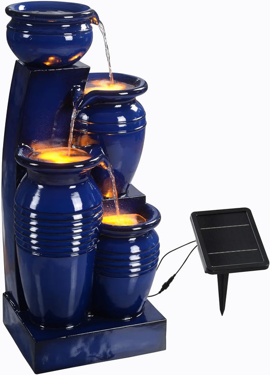 Teamson Home 28.74 in. 4-Tier Cascading Bowl Solar-Powered Water Fountain with LED Lights for Gardens, Landscaping, Patios, Balconies, Lawns, Navy Blue