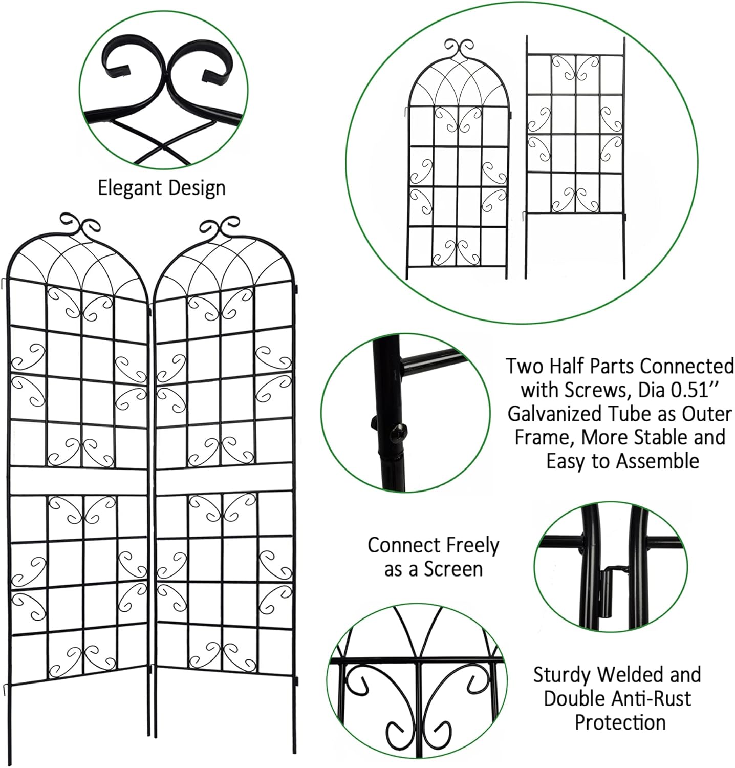 8 Pack Metal Garden Trellis for Climbing Plants, 86.7" Tall Rustproof Outdoor Trellis Panel with Vine Design, Decorative Black Iron Plant Support for Vine, Rose, Flower, Garden Wall