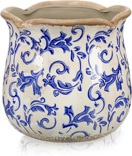 Newtay 6 Inch Ceramic Plants Pots Vintage Ceramic Flower Planters Crackle Glaze Finish Flower Pots Decorative Floral Vintage Planters for Living Room Garden Home Decor Gifts(Chinoiserie)
