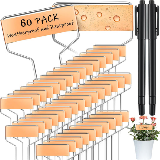 Moxweyeni 60 Pcs Metal Garden Tags Plant Labels for Garden Waterproof Plant Markers with 2 Permanent Pen Planting Nursery Tags Reusable Labels Stake for Plants(4 Inch)