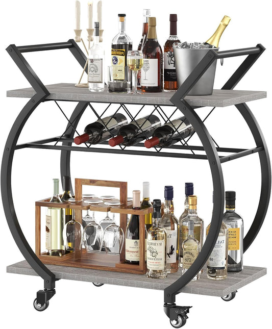 LVB Bar Cart with Wine Rack, 2 Tier Farmhouse Kitchen Cart on Wheels, Modern Wood and Metal Portable Coffee Cart Table for Home, Utility Industrial Mobile Serving Cart with Storage Shelf, Grey Oak
